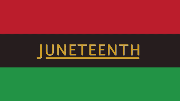 Horizontal stripes of red, black, and green with Juneteenth underlined and showing on the black stripe.